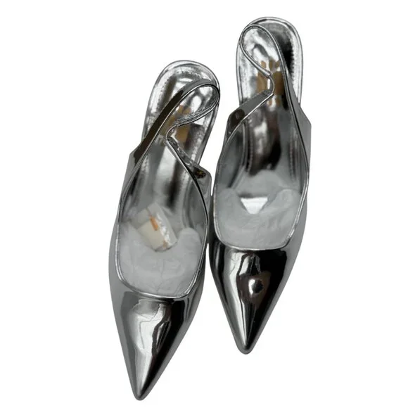NEW Heelchic Womens Size 6 Silver Pointed Toe Slingback Heels Kitten Heel - Picture 13 of 16
